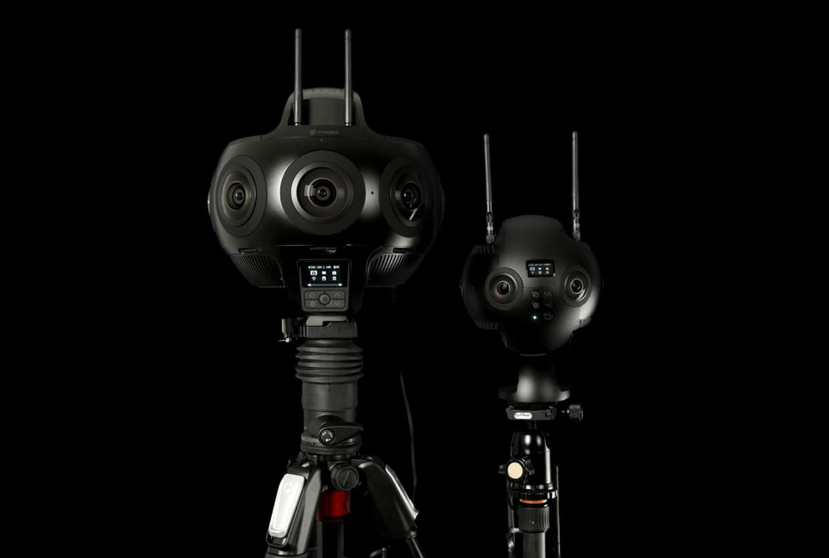 Professional 360-degree virtual reality camera mounted on a tripod, front and back view, against a black background.