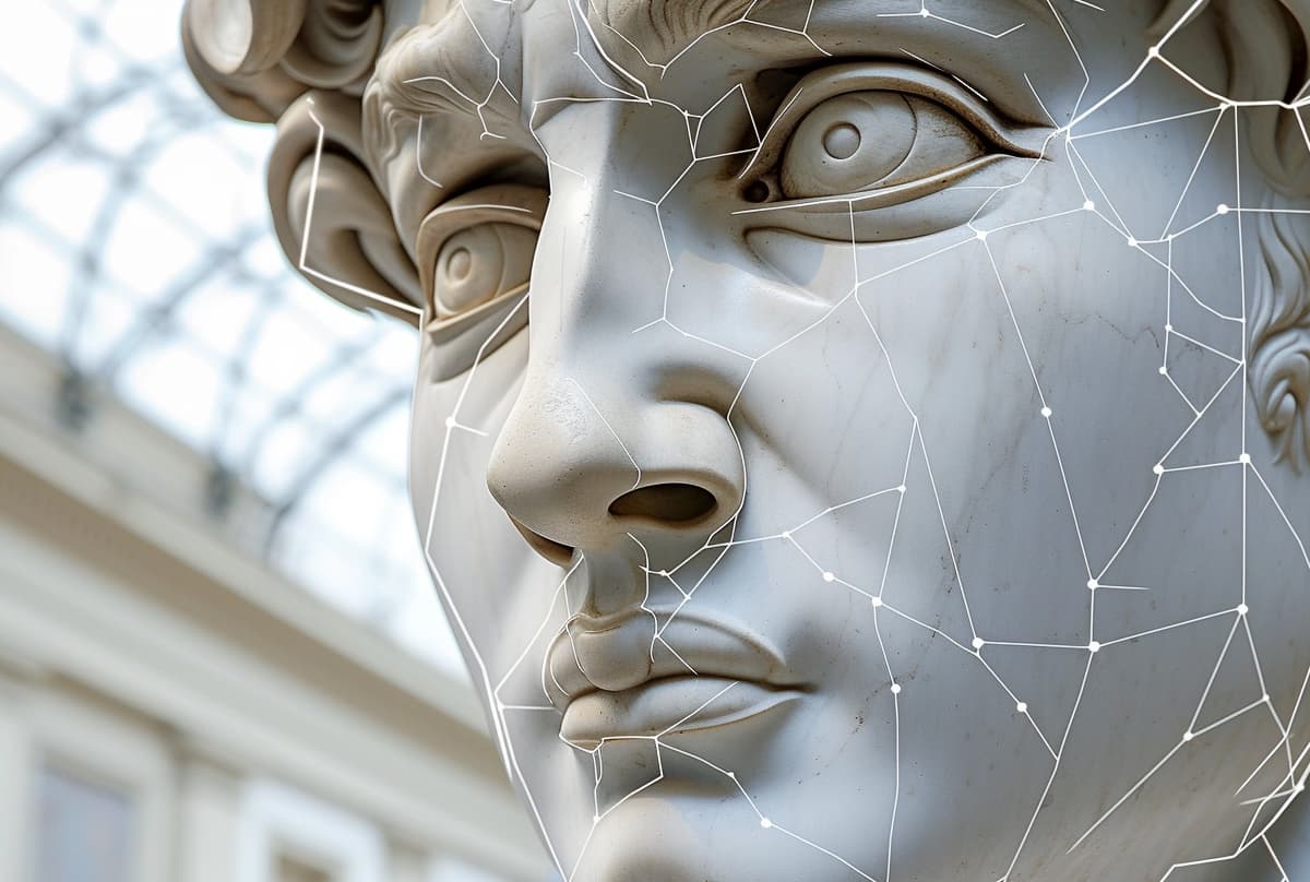 Close-up of a white marble statue's face with a digital wireframe overlay, highlighting the contours and structure of the sculpture against a blurred background of classical architecture.