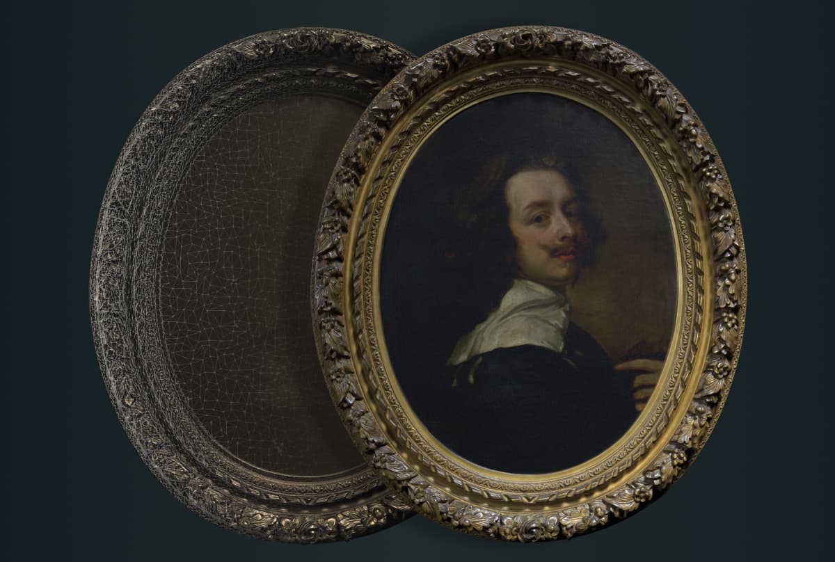 Ornate oval frame with a baroque portrait being prepared for 3D scanning, with a mirrored reflection showing the reverse side, set against a dark teal background.