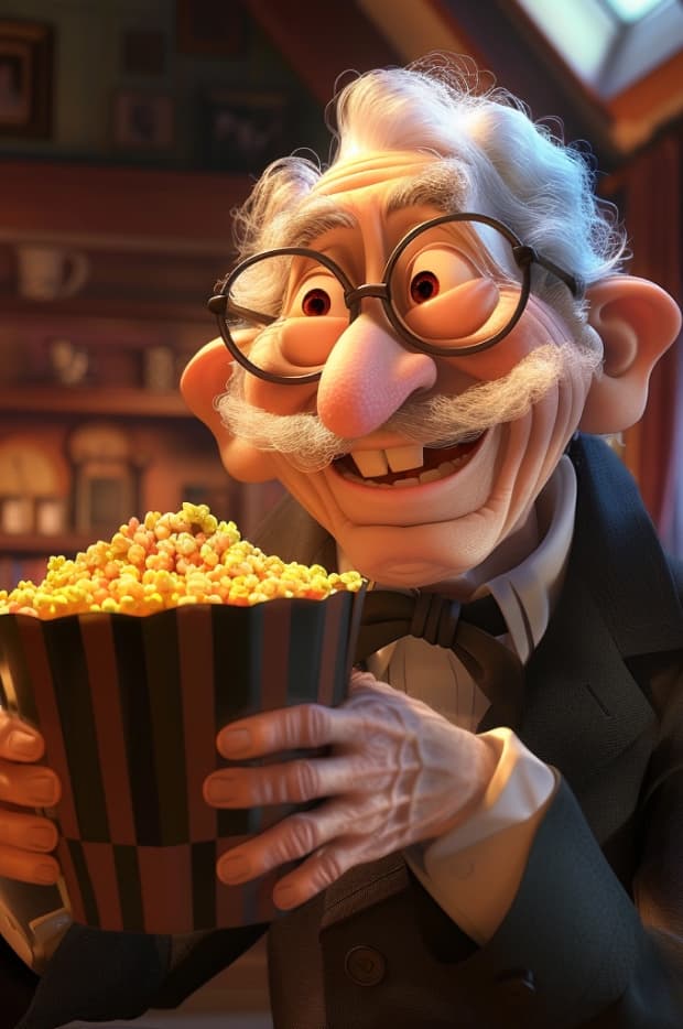 An animated, elderly man with glasses holding a large container of popcorn with an excited expression, possibly a character from an animated movie or advertisement.