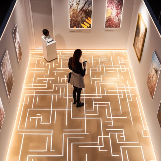 Interactive exibition. A woman viewing art in a gallery with a luminous floor maze design, capturing the exhibit on her smartphone.