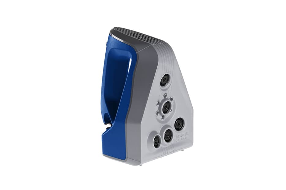 A stationary, blue and gray 3D scanner with multiple lenses and lights on its face, suggesting complex scanning capabilities for detailed object mapping.