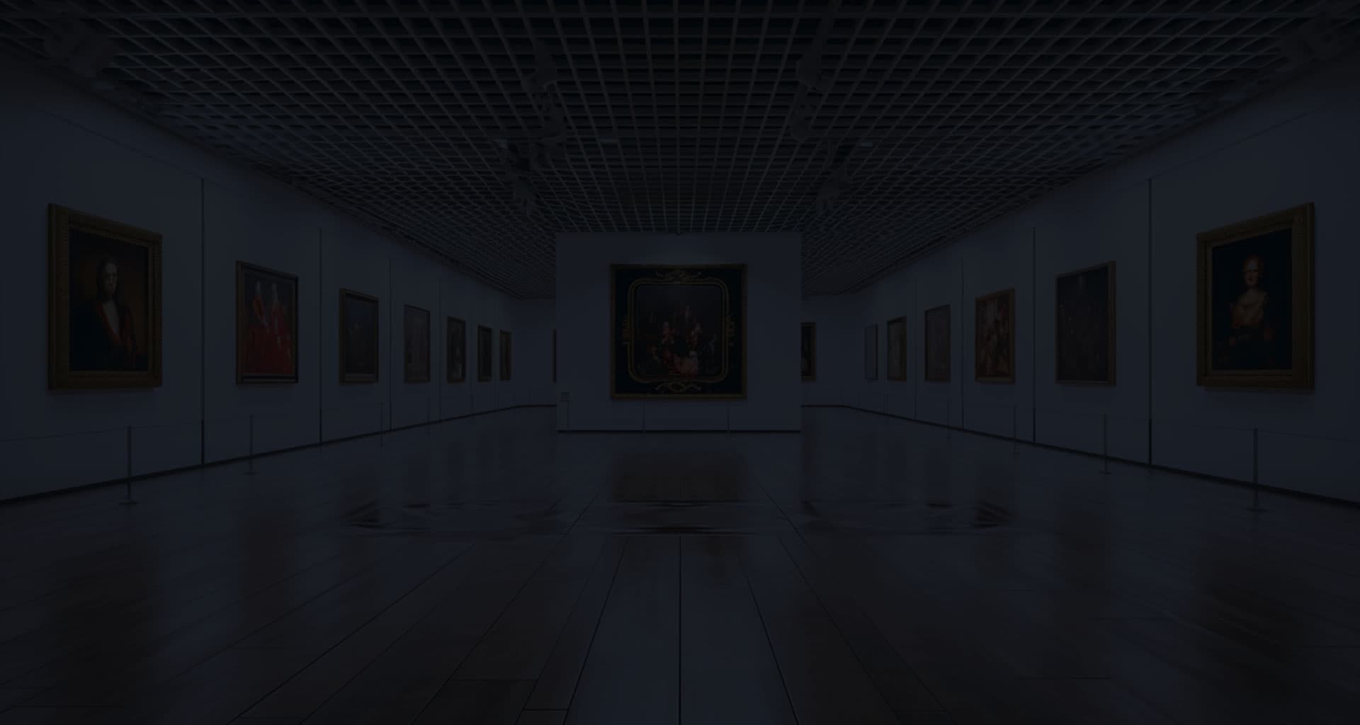 Dimly lit art gallery interior displaying various framed artworks on walls, with a prominent painting centered on the main wall.