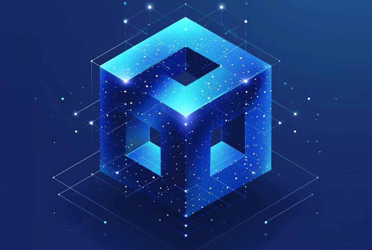 A complex digital graphic of a three-dimensional cube structure with a cosmic, starry texture, surrounded by a wireframe mesh, set against a dark blue background.