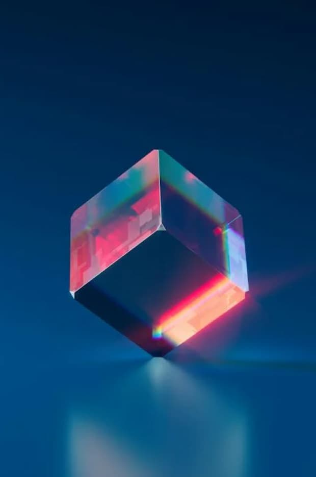 n abstract, geometrically shaped crystal reflecting vibrant red and blue lights against a dark background, giving a sense of modern art or design.