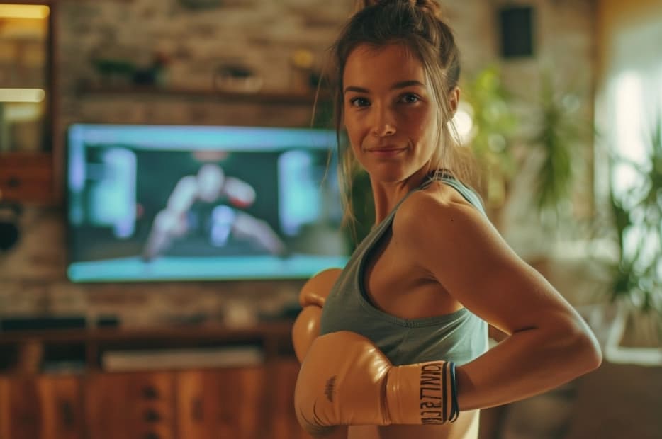 A smiling woman in a fitness outfit with boxing gloves on, standing in her living room with a television screen in the background showing a workout program.