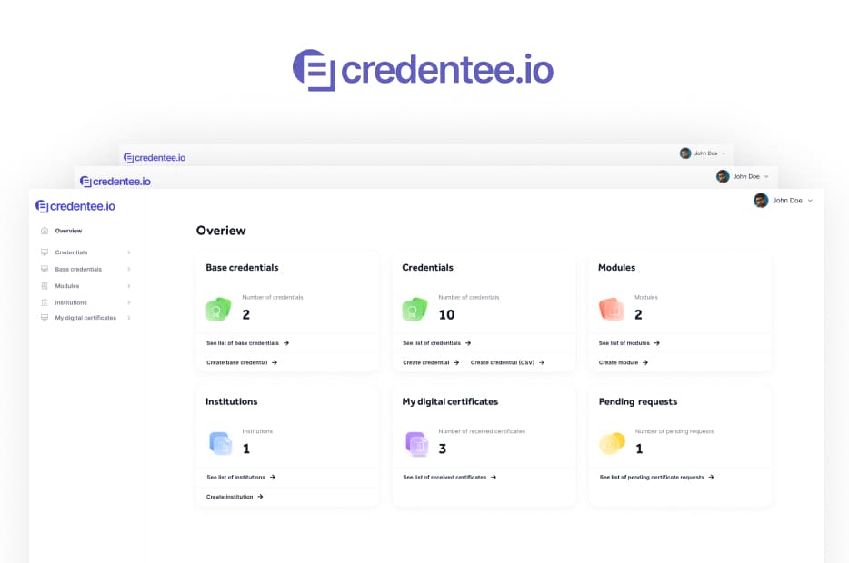 A screenshot of a web dashboard from 'credentee.io' displaying various metrics and statistics such as 'Certificates,' 'Credits,' 'Badges,' and 'Policies.'