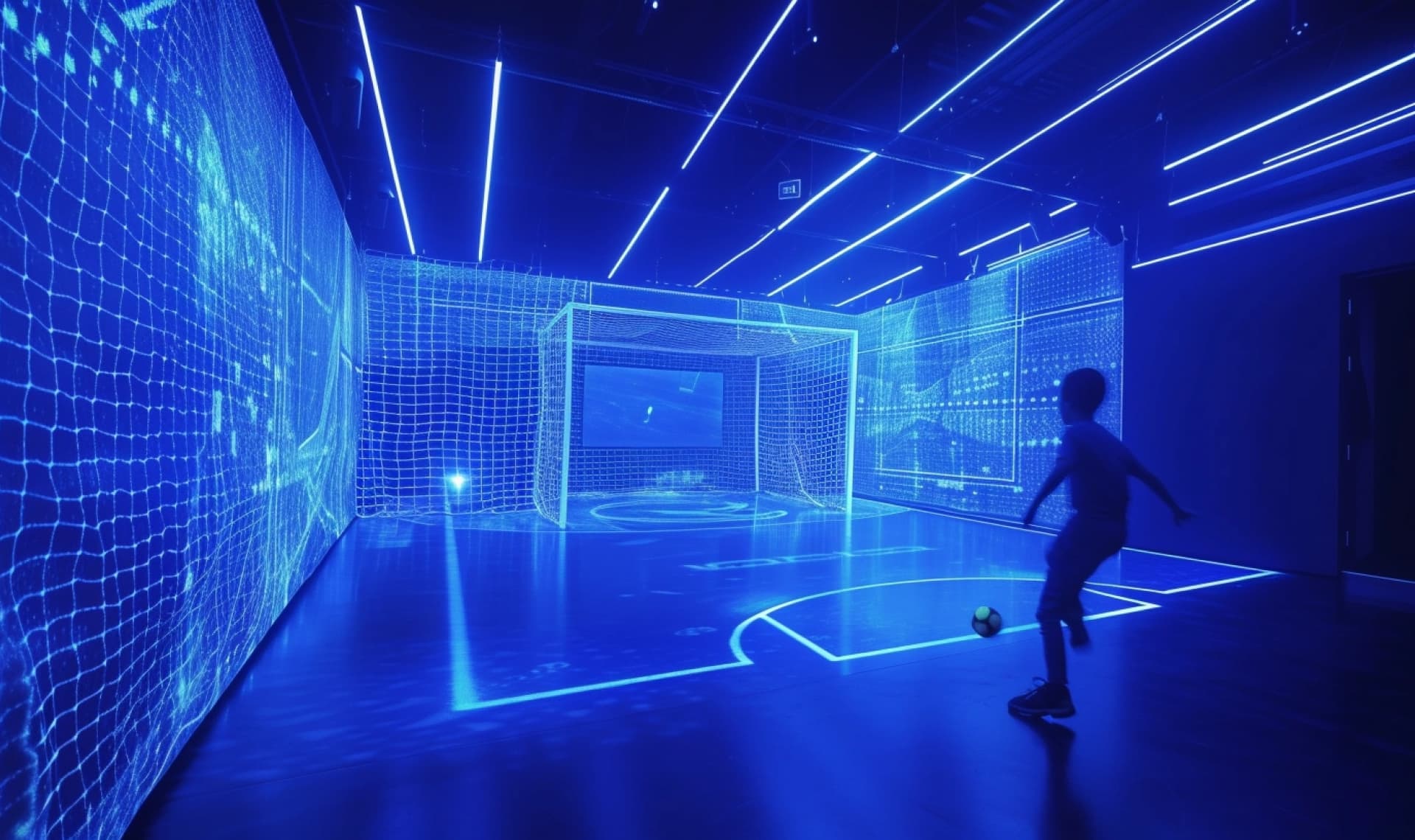 A silhouette of a person playing soccer in a futuristic indoor arena illuminated by blue neon lights, with digital grid patterns on the walls and floor outlining the playing area and goal.