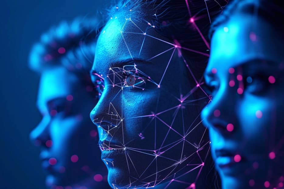 Close-up of three human profiles overlaid with a blue digital mesh network, illustrating the concept of digital identity or advanced facial recognition technology