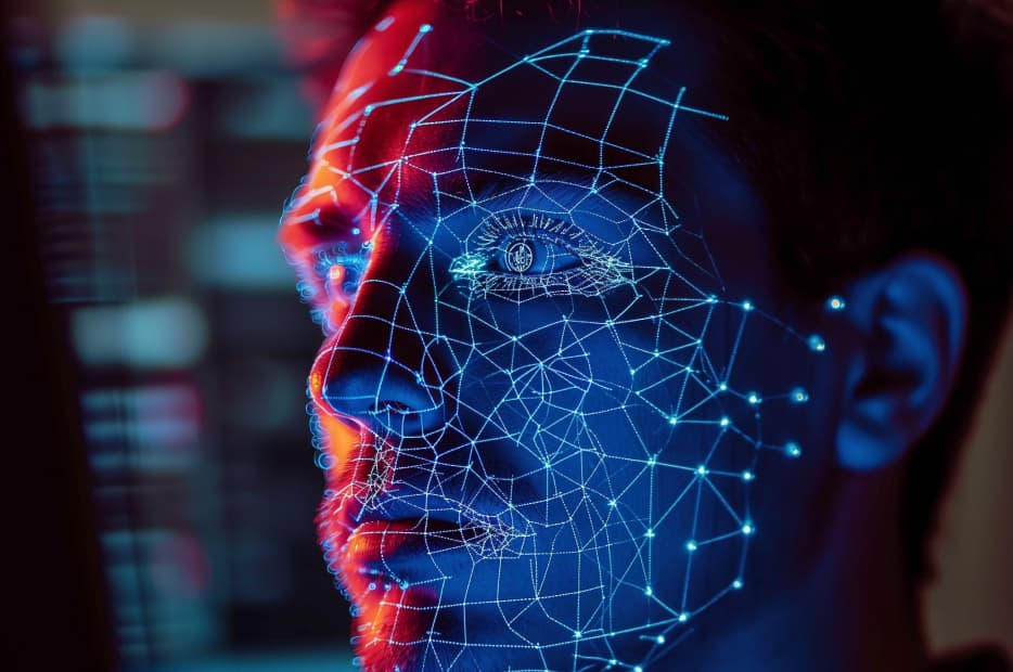 A side profile of a man's face overlaid with a neon blue digital mesh, illustrating concepts of facial recognition technology