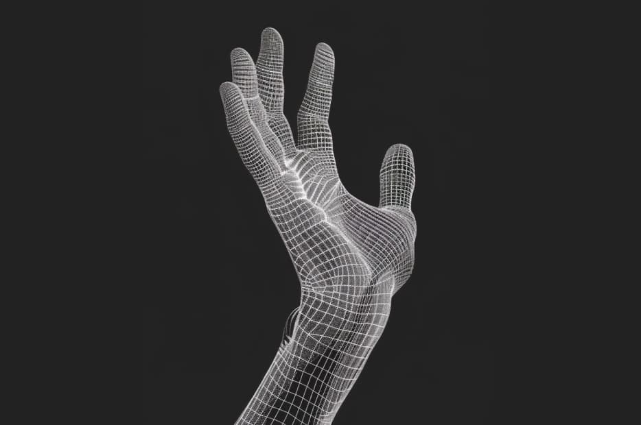 A wireframe model of a human hand, with a grid pattern emphasizing the anatomical structure, typically used for virtual simulations or ergonomic assessments.