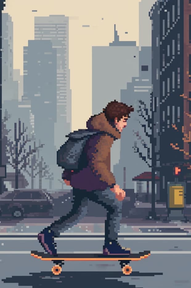 A pixel art depiction of a young person skateboarding through a city street. The scene is stylized with a retro video game aesthetic, featuring a hazy cityscape in the background, suggesting an urban environment.