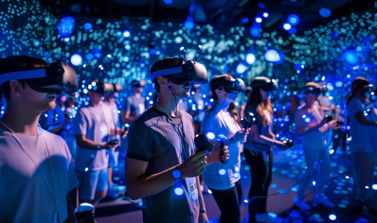 A group of people wearing VR headsets and holding controllers, immersed in a virtual reality experience with a backdrop of glowing blue lights and dark ambiance.