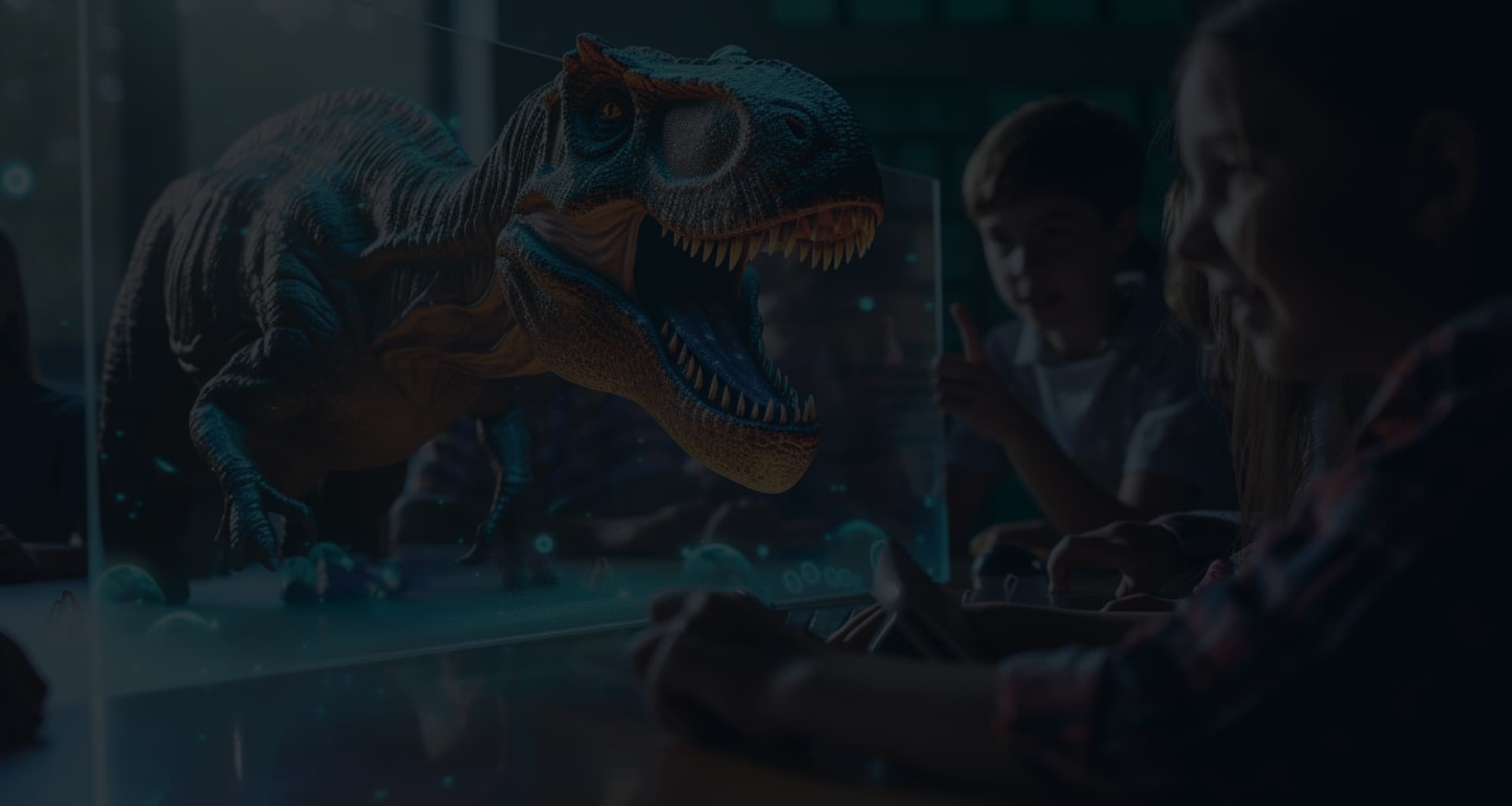 Children observing a virtual dinosaur exhibit, with a lifelike Tyrannosaurus Rex roaring at them, displaying technology's role in interactive learning and entertainment.
