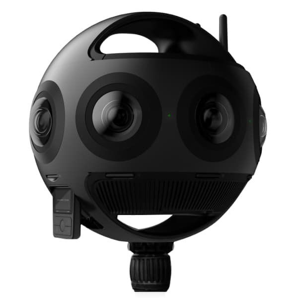 A spherical, black 360-degree camera with multiple lenses positioned around its surface, capable of capturing panoramic images and videos.