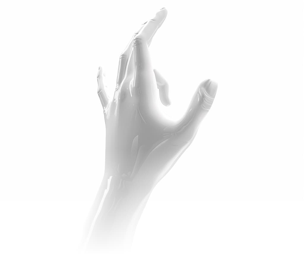 A grayscale image of a glossy, sculptural hand gesture depicting an open palm and fingers, conveying a sense of grace and fluid motion.