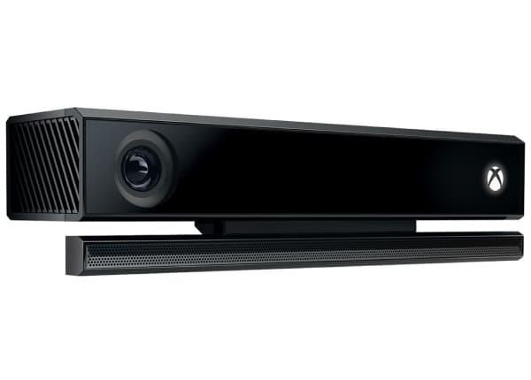 A long, sleek Kinect One device resembling a sound bar with a camera lens at one end, designed for interactive gaming and motion sensing.