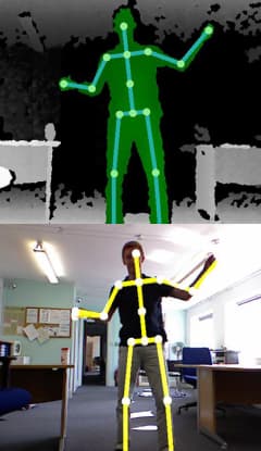 An image of a person with a digital skeleton overlay, consisting of green lines and joints on a monochrome background, indicating motion capture technology.