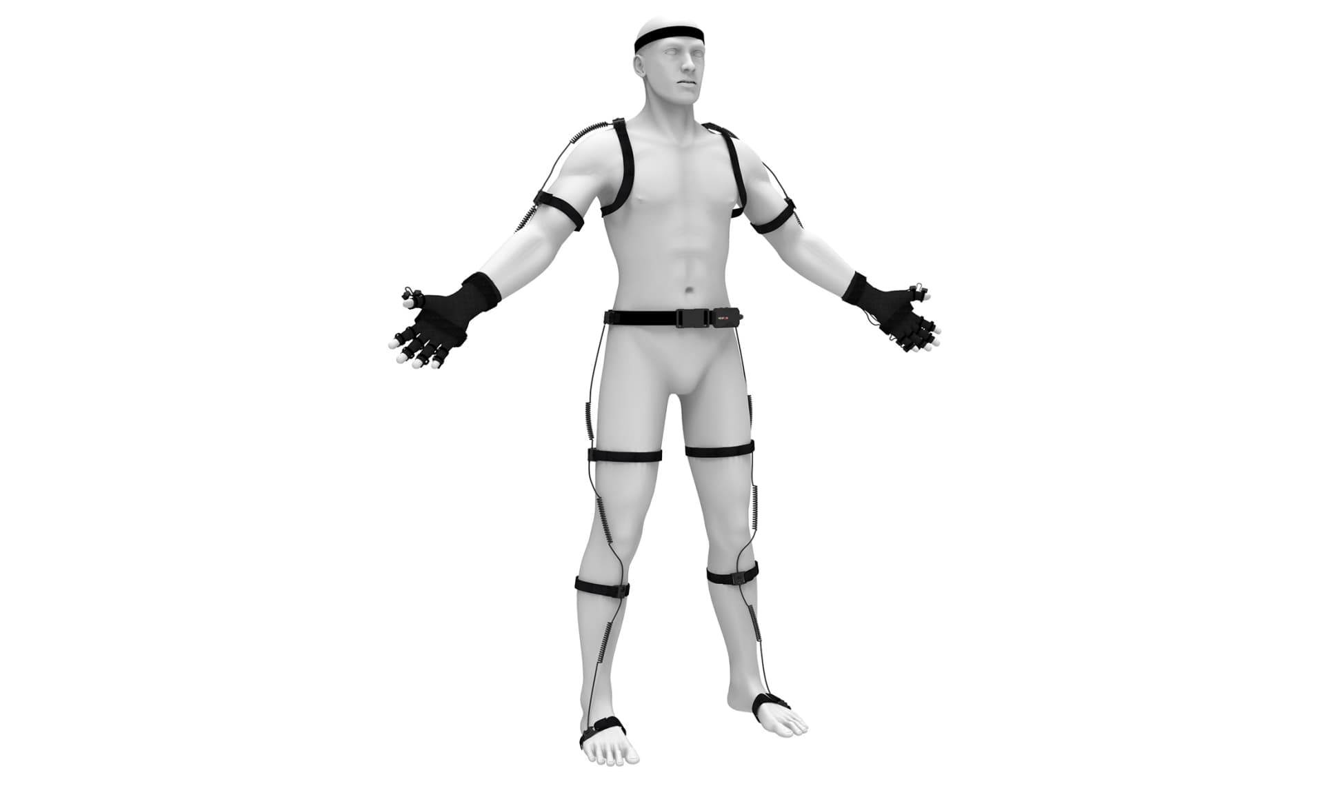 A grayscale 3D model of a human figure in a T-pose, fitted with motion capture markers on key joints, used for animating digital characters in media.