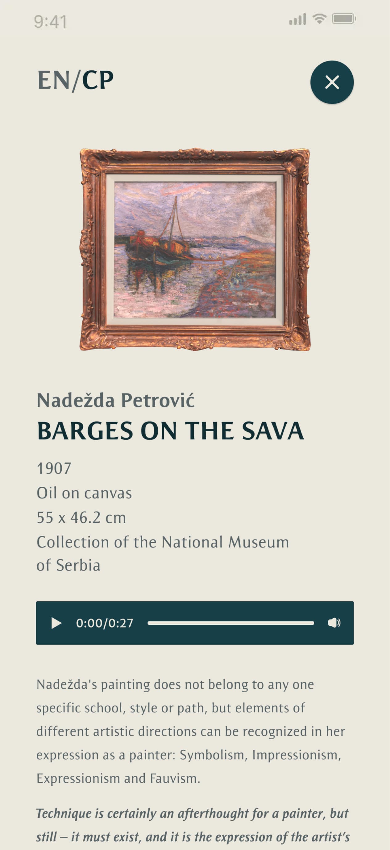 Smartphone screen showing 'Barges on the Sava' by Nadežda Petrović, a 1907 oil painting with a river scene, housed in the National Museum of Serbia.