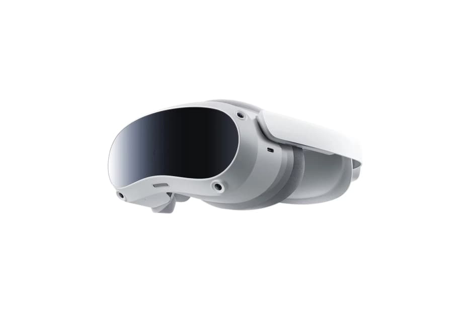 A side perspective of a white Pico 4 VR headset, displaying its contoured design with a side strap and part of the visor, suggesting a comfortable and adjustable fit for the user.