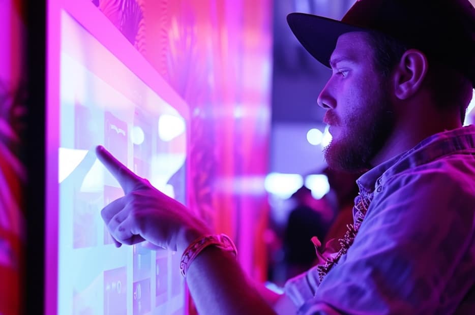 A man in a baseball cap interacting with a futuristic touch screen display illuminated by vibrant pink and blue lights.