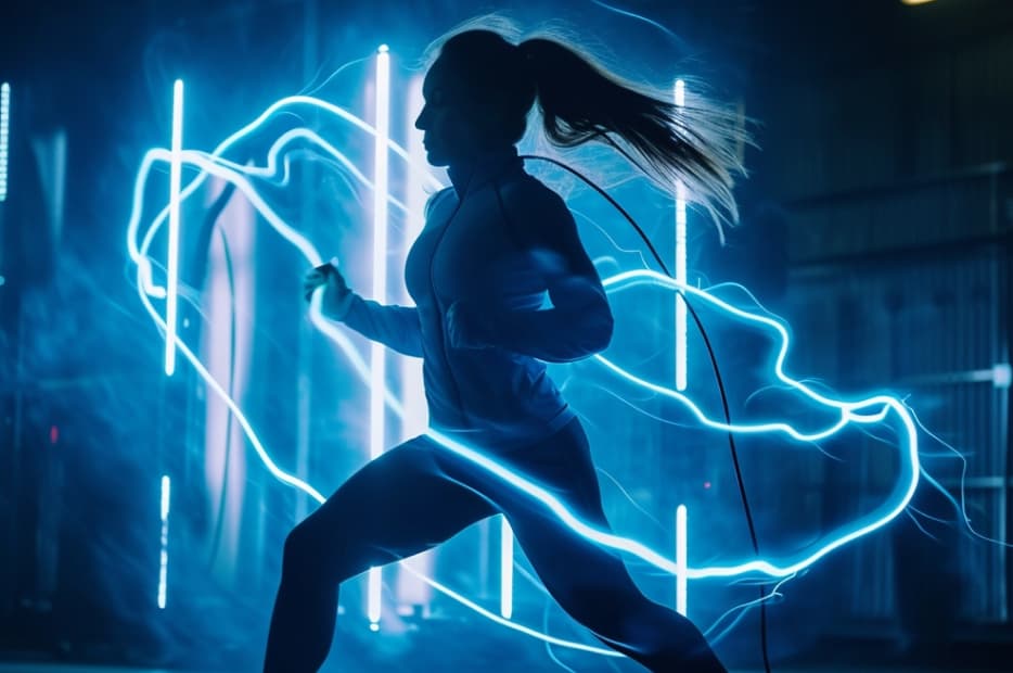 Silhouette of a female runner in motion, captured against a striking backdrop of neon light trails.