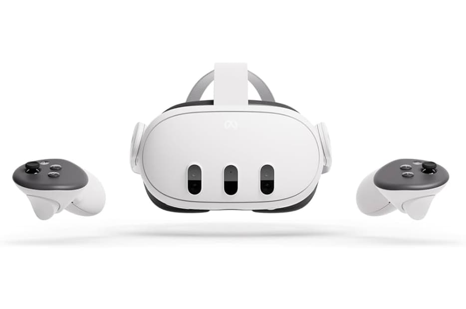 A front-facing view of a white virtual reality headset Quest 3 with matching left and right controllers, designed with a modern, streamlined appearance and ergonomic grips.