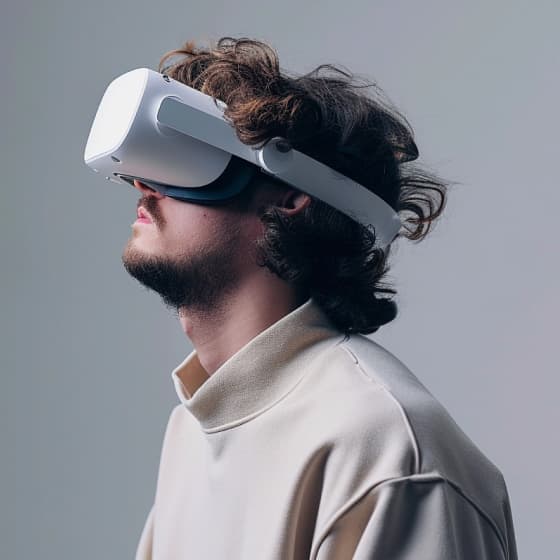 Profile of a man with curly hair wearing a VR headset, looking upwards, immersed in a virtual reality experience against a light grey background.
