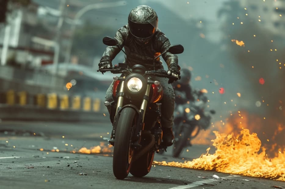 A motorcyclist in protective gear riding aggressively through an explosive scene with sparks and fire, suggesting a high-adrenaline action sequence.