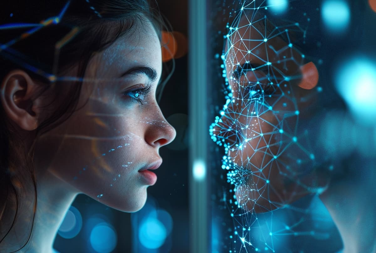 A young woman's profile gazing intently at a digital representation of a human face, highlighted by interconnected blue dots and lines, symbolizing facial recognition or biometric scanning.