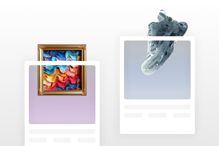 Two abstract art pieces displayed on a website interface; on the left, a framed artwork with colorful waves, and on the right, a grayscale sculpture of a sneaker.