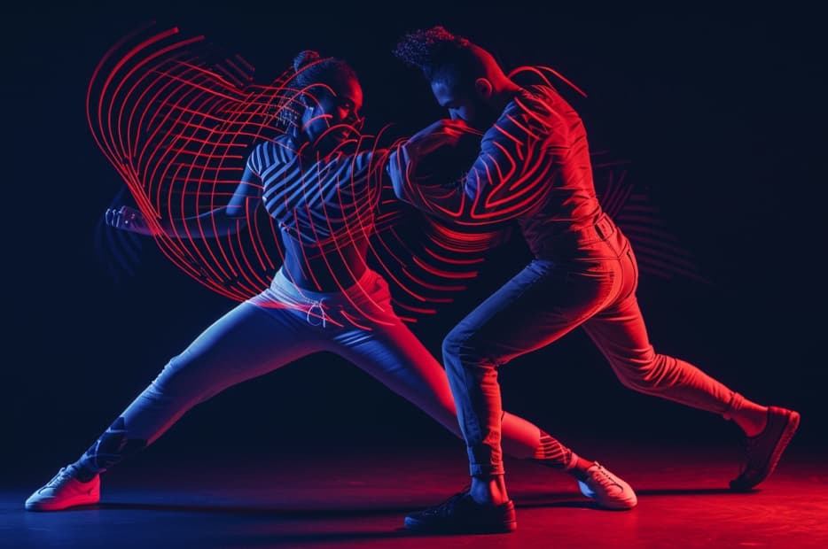 Two dancers captured in a dynamic pose with red and white light trails outlining their movement, creating a vibrant visual effect against a dark background.