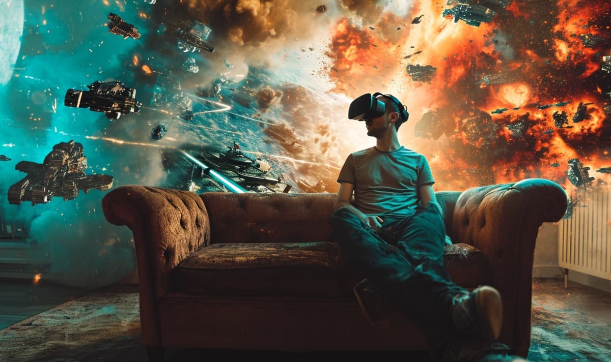 A man comfortably seated on a vintage sofa, wearing a VR headset, with a dynamic and colorful virtual space battle scene unfolding around him, illustrating an immersive gaming experience.