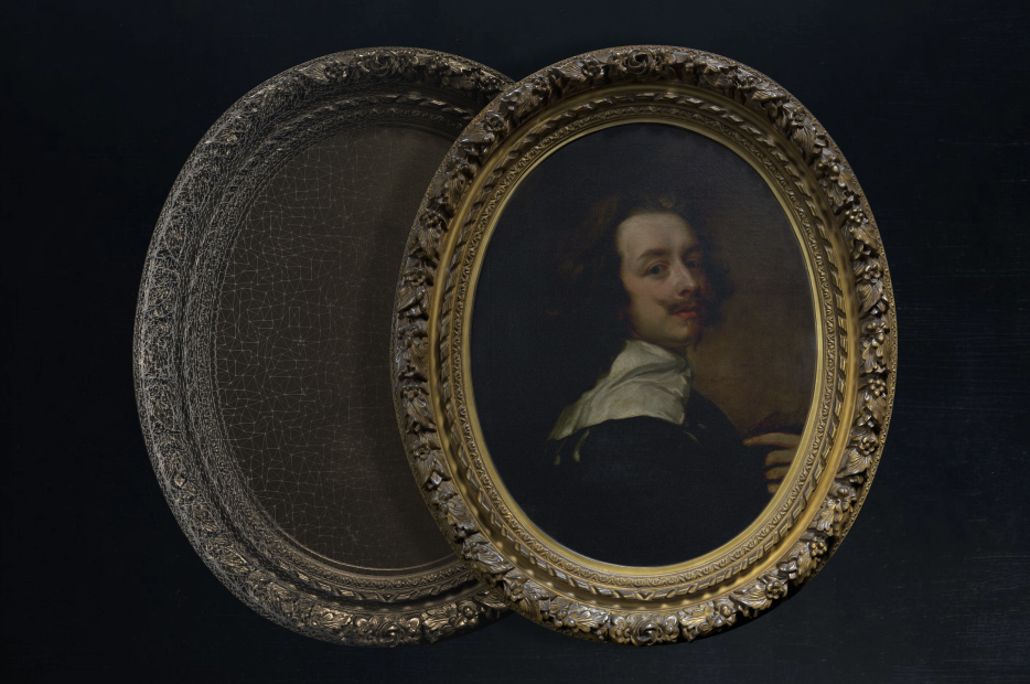 An oval miniature portrait of a man in 17th-century attire, set in an ornate gilt frame with an intricate design, half of which is covered by a dark, protective cover.