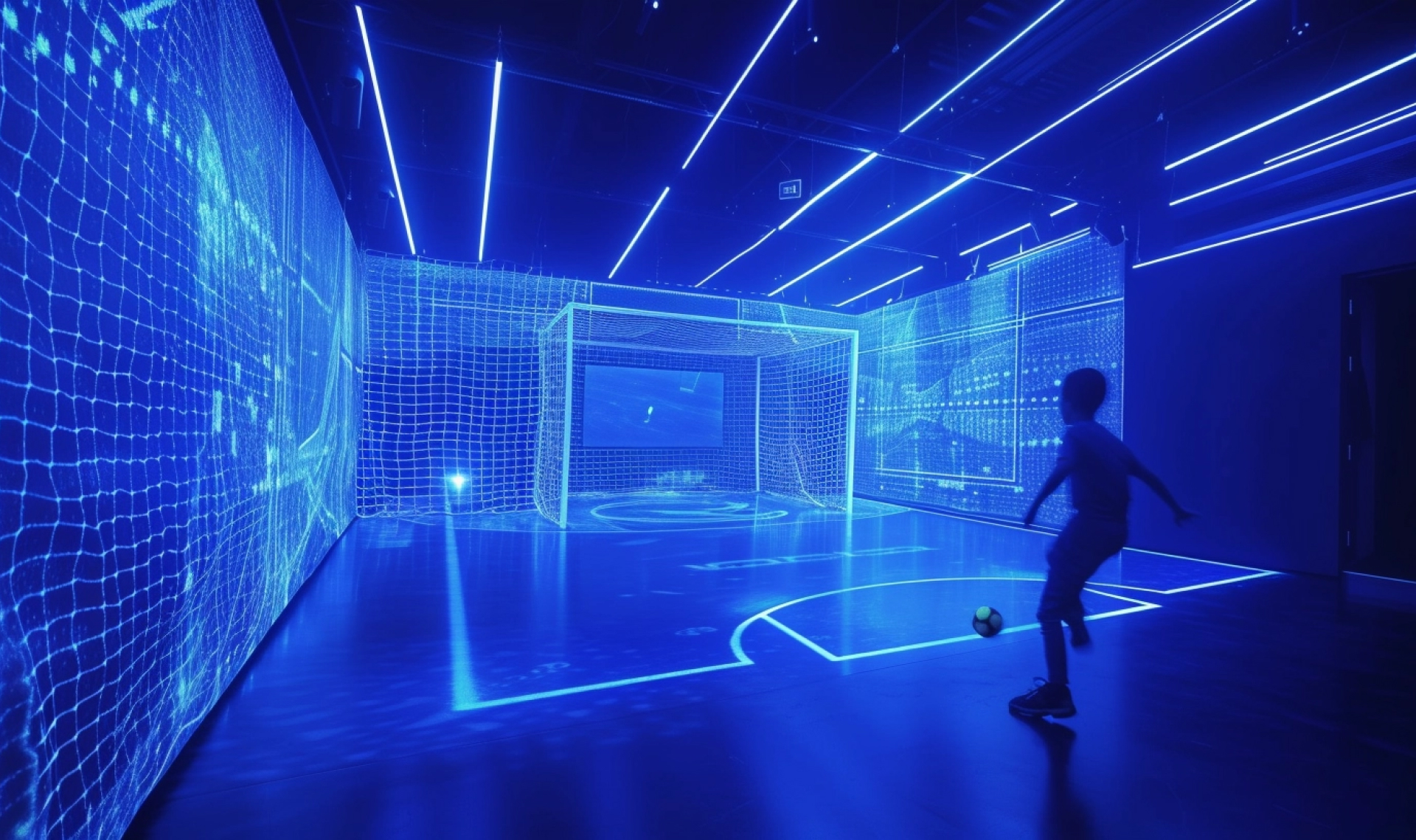 A silhouette of a person playing soccer in a futuristic indoor arena illuminated by blue neon lights, with digital grid patterns on the walls and floor outlining the playing area and goal.