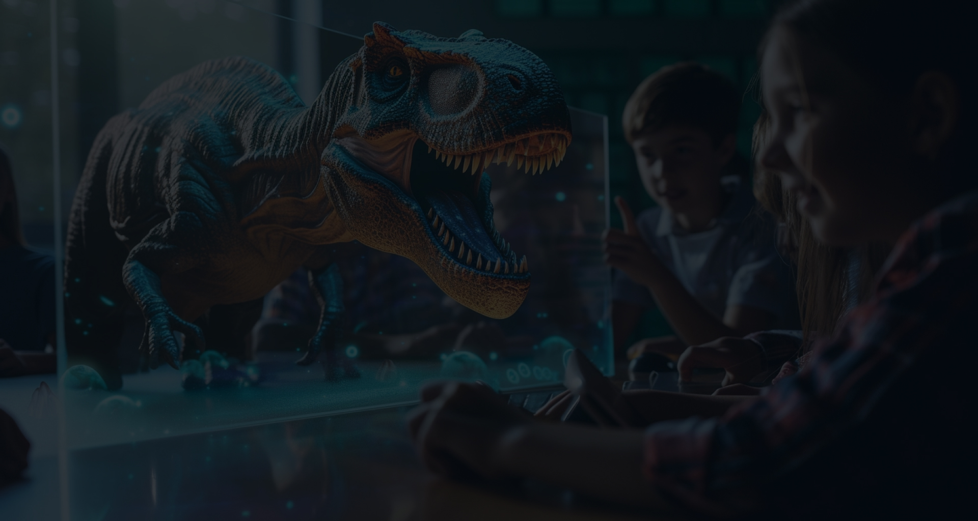 Children observing a virtual dinosaur exhibit, with a lifelike Tyrannosaurus Rex roaring at them, displaying technology's role in interactive learning and entertainment.