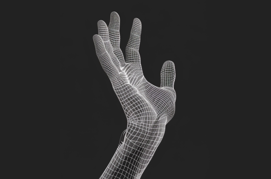 A wireframe model of a human hand, with a grid pattern emphasizing the anatomical structure, typically used for virtual simulations or ergonomic assessments.